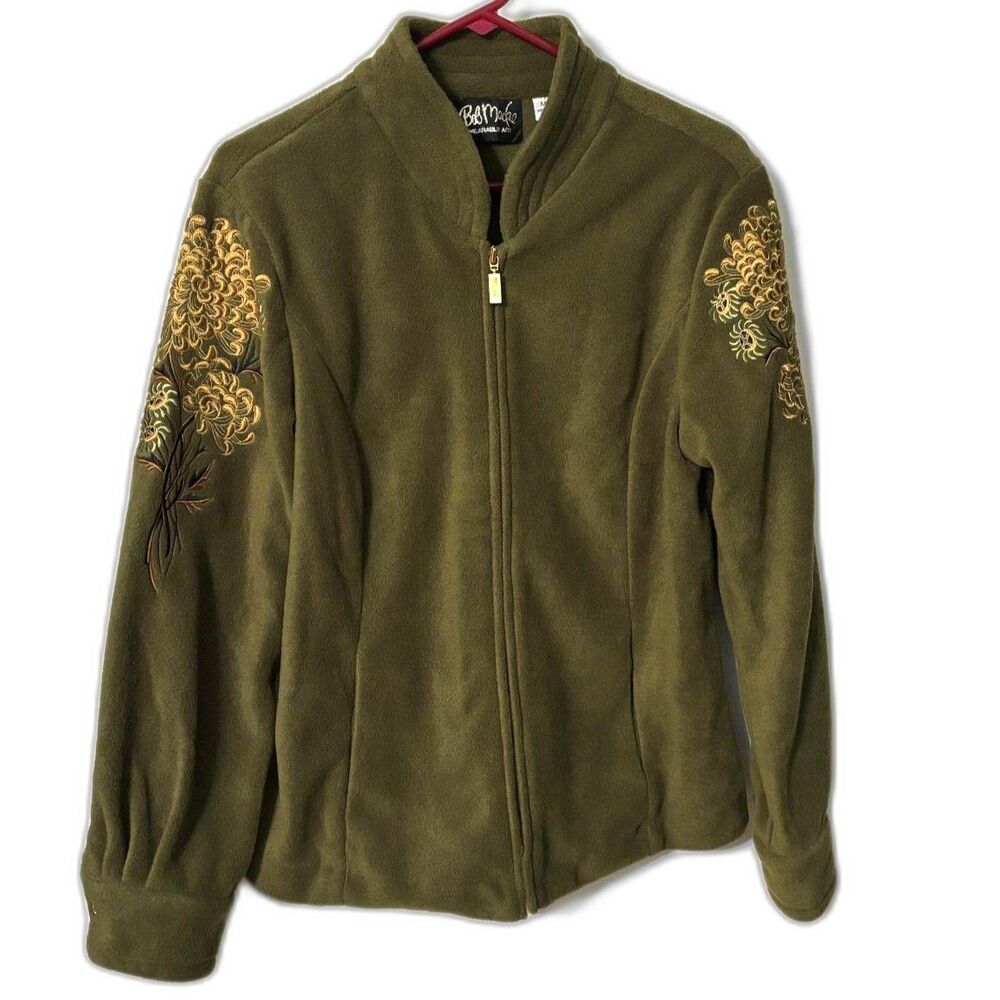Bob Mackie Wearable Art Olive Embroidered Fleece Jacket Women's Medium Zip